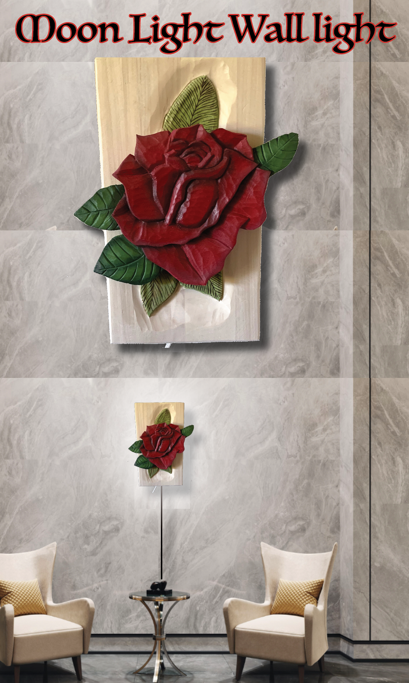 Carved Red Rose Wall Lighting by DW Carving Studio